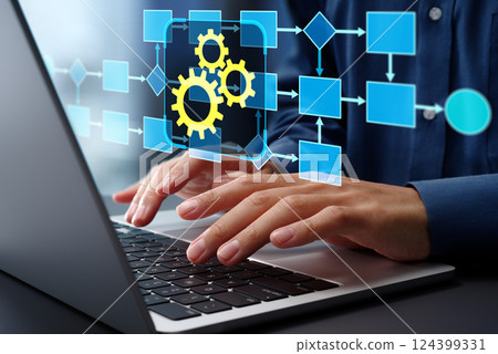 Business workflow automation. Flowchart and gear icon. Automation system on laptop 124399331
