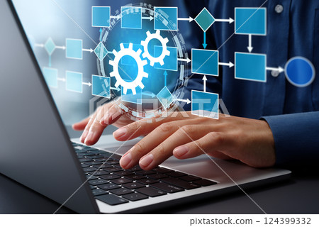 Business process management BPM and automation technology. Process analysis and optimization. Using a laptop 124399332