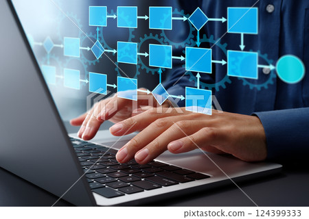 Flowchart and gear icon. Business process management BPM and automation technology. Flowchart and gear icon. Business process management BPM and automation technology. 124399333