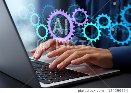 Business process and workflow automation with AI. Multiple gear icons. Intelligent people using laptop 124399334