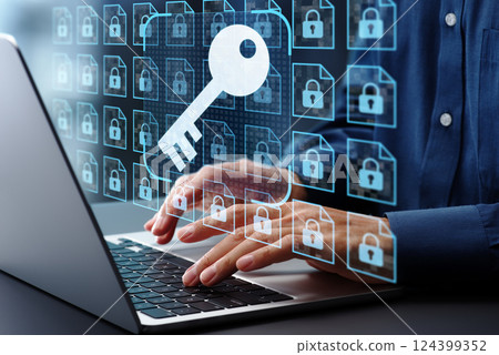 加密金鑰管理和安全文件儲存系統。文件資料加密和存取控制系統。筆記型電腦 124399352