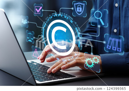 權限管理解決方案。數位版權管理 DRM。智慧財產權和內容保護。使用筆記型電腦 權限管理解決方案。數位版權管理 DRM。智慧財產權和內容保護。使用筆記型電腦 124399365