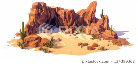 3D isometric desert scene with rocks, sand, white background, yellow grass on cliff, arid design. 3D isometric desert scene with rocks, sand, white background, yellow grass on cliff, arid design. 124399368