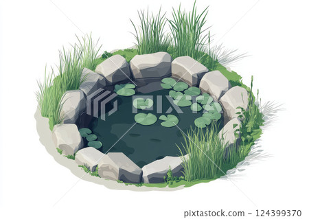 Cute 3D isometric pond, stones and grass, white backdrop, green zen Japan style for game art. Cute 3D isometric pond, stones and grass, white backdrop, green zen Japan style for game art. 124399370