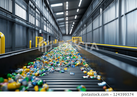 Sustainable 3D recycling plant, conveyor sorting waste, great for green tech and management visuals. 124399374
