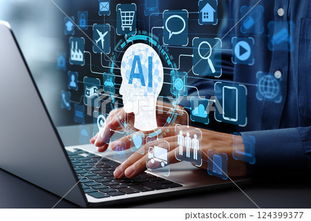 AI big data analysis and deep learning. Predictive analysis and market trend forecasting by artificial intelligence agents. 124399377