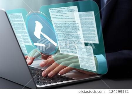 法律文件和木槌錘子圖示。研究並準備訴訟法律文件的律師。辦公桌 124399381