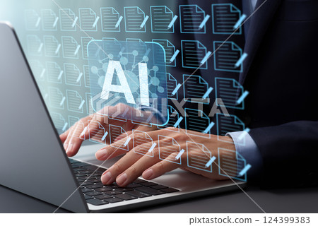 Generative AI artificial intelligence that generates summaries of text documents and papers. A businessman in a suit is working at a desk in an office. 124399383