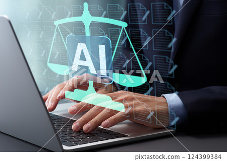 AI Governance and Compliance for Generative Artificial Intelligence. A balance icon and a number of document icons. 124399384