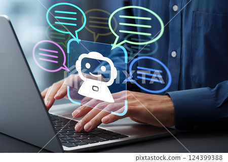 透過 AI 代理進行聊天服務和客戶支援。人工智慧幫助客戶。不在辦公桌上 124399388