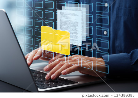 Document management system DMS and archive storage. Folder icon and text document 124399393