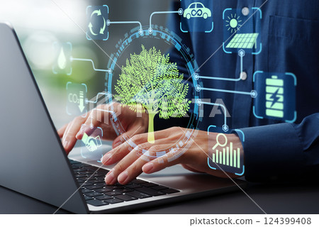 減少你的碳足跡。再生能源採購和排放交易。含碳的筆記型電腦 124399408