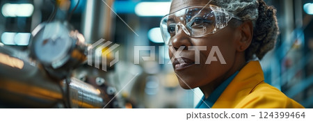 A female engineer in protective gear examines equipment in a modern industrial facility, showcasing professionalism. 124399464