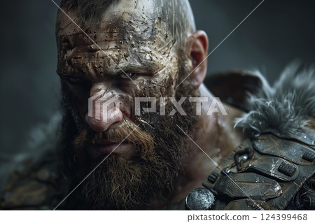 A fierce warrior with a weathered face, intense gaze, and battle scars, evoking strength and resilience. 124399468
