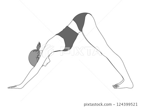 Illustration of a Japanese woman doing yoga down dog pose, full body, side view, profile, monochrome 124399521