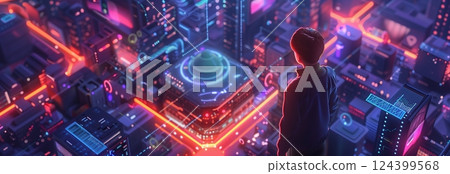 A futuristic city skyline with vibrant neon lights and a person gazing at a digital landscape filled with innovation. 124399568