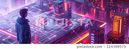 A futuristic cityscape with neon lights, showcasing advanced technology and innovation in a digital landscape. 124399573