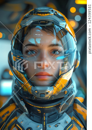A futuristic portrait of a young woman wearing an advanced space suit, showcasing innovation and exploration. 124399581