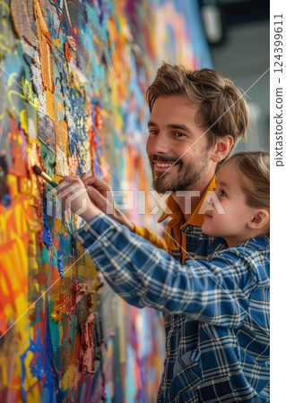 A joyful father and daughter create colorful art together, sharing a moment of creativity and connection. 124399611