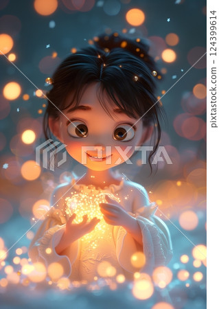 A joyful girl holds glowing lights in her hands, surrounded by a magical atmosphere of warm sparkles. 124399614