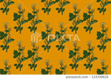 Botanical floral seamless pattern with celandine flowers vector illustration. Repeating green plant pattern in yellow background. Graphic design for Fashion Cover Textile Birthday Greeting Card Botanical floral seamless pattern with celandine flowers vector illustration. Repeating green plant pattern in yellow background. Graphic design for Fashion Cover Textile Birthday Greeting Card 124399626