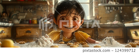 A joyful child covered in flour while baking in a cozy kitchen, embodying the essence of creativity and fun. 124399712