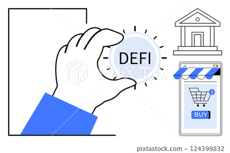 Hand holding DEFI coin concept. Ideal for cryptocurrency, blockchain technology, decentralized finance, online shopping, investments. Vector style with blue, white, black colours. Clear and modern Hand holding DEFI coin concept. Ideal for cryptocurrency, blockchain technology, decentralized finance, online shopping, investments. Vector style with blue, white, black colours. Clear and modern 124399832