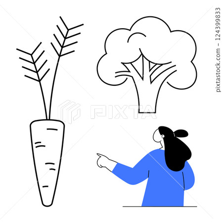 Simple drawing of a person pointing with a floating carrot and broccoli. Ideal for education, healthy eating, food awareness, nutrition, and children learning. Minimalist styled Simple drawing of a person pointing with a floating carrot and broccoli. Ideal for education, healthy eating, food awareness, nutrition, and children learning. Minimalist styled 124399833