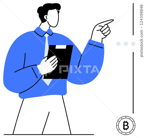 Business professional holding a clipboard, pointing forward towards a Bitcoin symbol. Ideal for blockchain, cryptocurrency, business strategy, financial planning, tech innovation, presentations 124399846