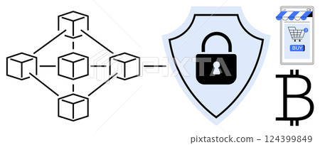 Network of interconnected blocks with security shield and lock, e-commerce store symbol with BUY button, and Bitcoin icon. Ideal for blockchain technology, cybersecurity, cryptocurrency, e-commerce Network of interconnected blocks with security shield and lock, e-commerce store symbol with BUY button, and Bitcoin icon. Ideal for blockchain technology, cybersecurity, cryptocurrency, e-commerce 124399849