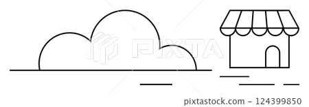Outline of a small shop with an awning next to a cloud. Ideal for e-commerce, cloud computing, small businesses, local shops, technology services, digital marketing, and online stores. Banner Outline of a small shop with an awning next to a cloud. Ideal for e-commerce, cloud computing, small businesses, local shops, technology services, digital marketing, and online stores. Banner 124399850