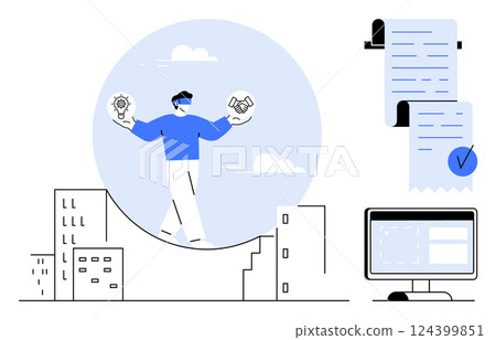 A person using virtual reality glasses balances on a beam above city buildings, holding a light bulb and jigsaw piece. Nearby are documents and a computer. Ideal for technology, innovation, business 124399851