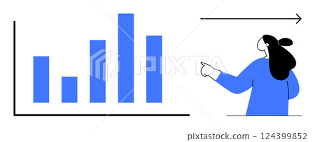 Bar graph with a person pointing to rising bars. Ideal for business growth progress presentation data analytics success planning teamwork and financial trends. Clean modern style 124399852