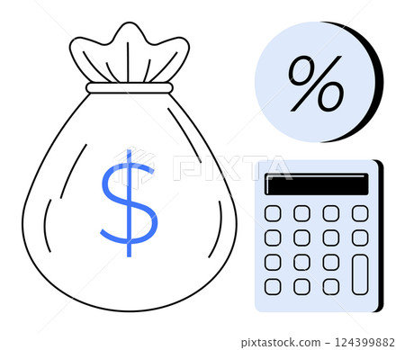 Money bag with a blue dollar sign, calculator, and percentage symbol. Ideal for finance, budgeting, investments, accounting, savings, tax calculations, and economic analysis. Line metaphor 124399882