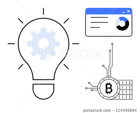 Light bulb with gear symbolizes innovation. Financial data graph and Bitcoin element reflect technology and crypto trends. Ideal for technology, innovation, finance, cryptocurrency, data analysis 124399894