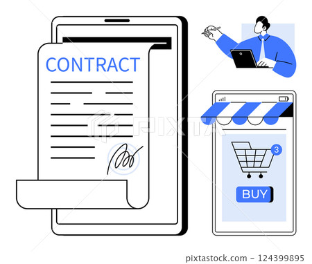 A digital contract is displayed on a tablet with a signature at the bottom. Next to it, a person is seen on a laptop and a shopping cart icon is visible on a smartphone screen. Ideal for e-commerce 124399895