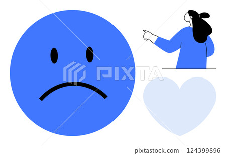 Large blue sad face, woman with long hair in blue pointing right, and light blue heart. Ideal for mental health, emotional expression, mood representation, awareness campaigns, and educational 124399896