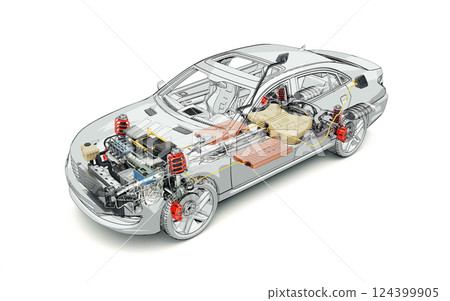 Hybrid Vehicle system cutaway illustration. 124399905