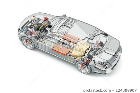 Hybrid Vehicle system cutaway illustration 124399907