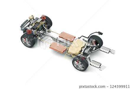 Hybrid Vehicle under carriage system cutaway illustration 124399911