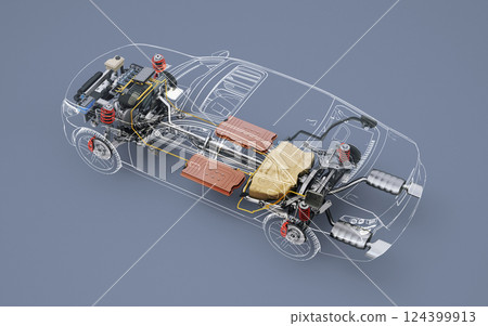 Hybrid Vehicle system cutaway illustration. 124399913