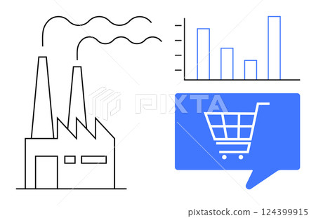 Factory chimneys releasing smoke, adjacent bar chart, and blue shopping cart icon. Ideal for business analytics, e-commerce strategies, industrial analysis, market trends, supply chain management 124399915