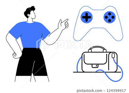 Man in blue shirt and black shorts pointing towards a game controller and a bag. Ideal for technology, gaming, travel, organization, hobbies, lifestyle, guidance. Line metaphor 124399917