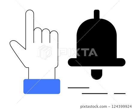 Hand icon with a blue cuff pointing to a black bell symbol representing notifications. Ideal for app interfaces, website alerts, UI UX design, reminders, user engagement, push notifications Hand icon with a blue cuff pointing to a black bell symbol representing notifications. Ideal for app interfaces, website alerts, UI UX design, reminders, user engagement, push notifications 124399924