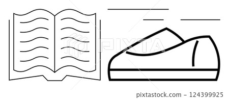 Open book with curving lines, shoe with motion lines. Ideal for education, sports, literature, libraries, reading campaigns, footwear, fitness. Line metaphor Open book with curving lines, shoe with motion lines. Ideal for education, sports, literature, libraries, reading campaigns, footwear, fitness. Line metaphor 124399925