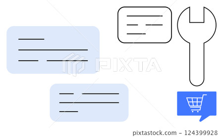 Text boxes in various sizes accompanied by a wrench and shopping cart icon, symbolizing communication, technical support, and shopping. Ideal for customer service, technical assistance, online 124399928