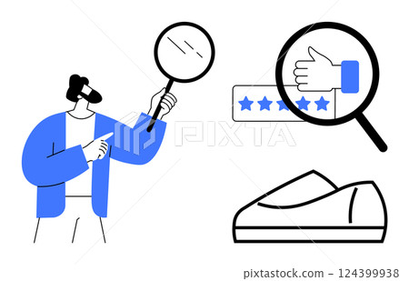 Person holding magnifying glass, examining product rating with thumbs up icon, stars, and shoe. Ideal for quality control, customer feedback, product reviews, online shopping, user experience Person holding magnifying glass, examining product rating with thumbs up icon, stars, and shoe. Ideal for quality control, customer feedback, product reviews, online shopping, user experience 124399938