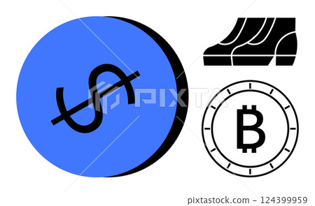 Dollar sign within a blue circle, Bitcoin symbol inside a coin, and black bank building. Ideal for financial services, banking, cryptocurrency, investment, digital currency, economic education 124399959
