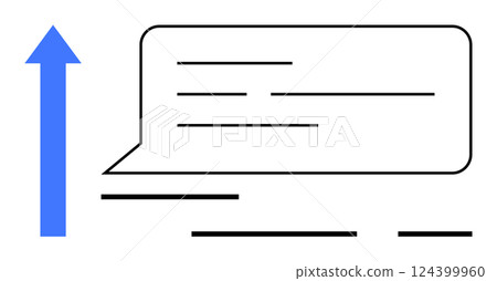 Blue upward arrow next to a speech bubble with lines representing text. Ideal for communication apps, social media, customer support, chatbots, growth strategies, user interaction, feedback. Banner 124399960
