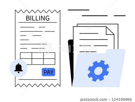 Billing receipt alongside a folder containing documents and a blue gear icon. Bell notification and Pay button included. Ideal for finance, accounting, bill payments, automation tools, digital Billing receipt alongside a folder containing documents and a blue gear icon. Bell notification and Pay button included. Ideal for finance, accounting, bill payments, automation tools, digital 124399966